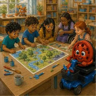 כיתה מגוונת עובדת יחד סביב מפת פעילות גדולה כאשר וילי משתתף בגובה העיניים