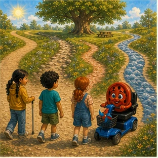 וילי וילדים יוצאים בכמה שבילים צבעוניים אל פיקניק משותף