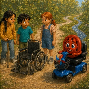 ילדים ומבוגר משוחחים בכבוד על מוגבלות וכלי ניידות כאשר וילי משתתף בשיחה