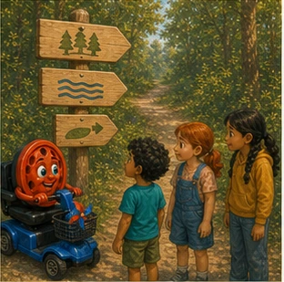 וילי וילדים מביטים בשלט עץ בעל שלושה חצים וסמלי דרך