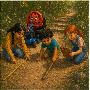 ילדים ווילי מודדים יחד את רוחב השביל ובודקים את המשטח