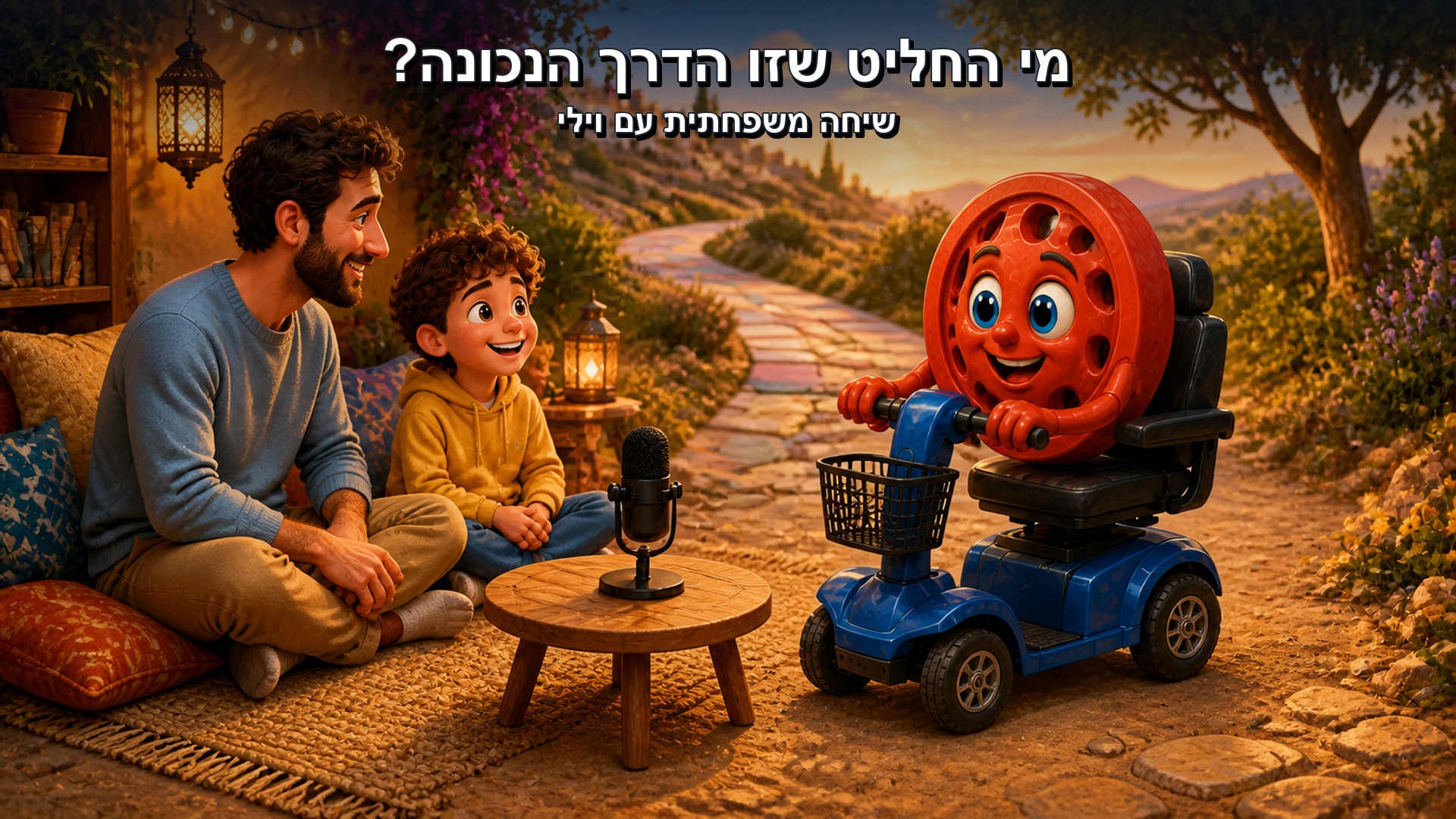וילי על קלנועית בשיחה משפחתית לצד אב וילד